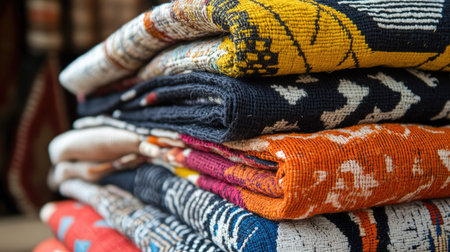 Neatly folded stack of colorful textiles featuring tribal and geometric patterns, ideal for global or artisan visualsの素材