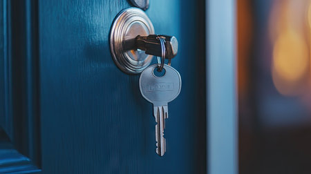 Metallic key inserted into the front door lock of a house, with a landlord's keychain dangling below, ready to turnの素材