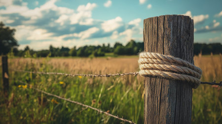 Outdoor scene with a rope tied around a fence post, evoking farm or countryside vibesの素材