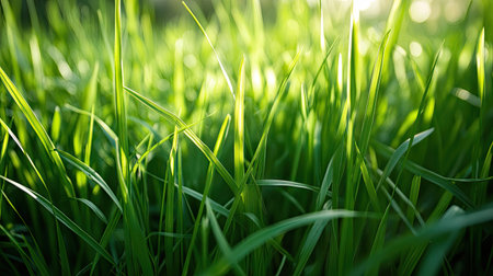 Natural green grass texture with sunlight filtering through, casting subtle shadows and highlights on the bladesの素材