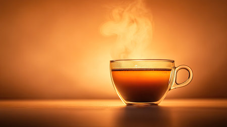 Isolated glass coffee cup in a studio with a warm brown liquid and rising steam, shot on a gradient backgroundの素材
