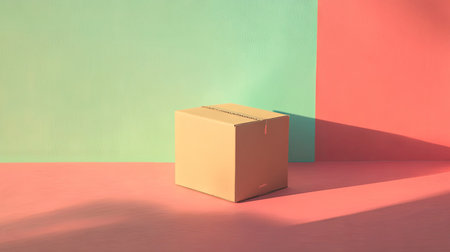 Minimalist composition with a small cardboard box centered on a vibrant pastel background, casting a soft shadowの素材