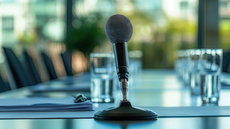 Microphone setup for a business conference, centered on a clean table with documents and water glasses aroundの素材
