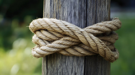 Rustic rope tied in a classic knot around an aged wooden pole, showing fibers and grain in sharp detailの素材