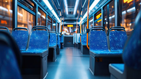 Neat and tidy interior of a new public transport bus with empty blue seats and a clean floorの素材