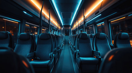 Interior of a brand-new bus showing rows of empty, clean seats under soft lighting, highlighting modern travel comfortの素材
