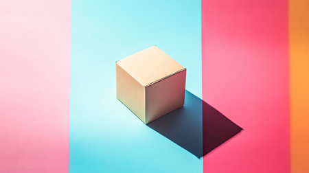 Minimalist composition with a small cardboard box centered on a vibrant pastel background, casting a soft shadowの素材