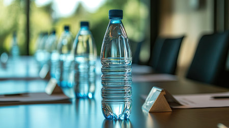 Plastic water bottles and pens aligned at each place setting in a seminar room, under natural light and minimalist decorの素材