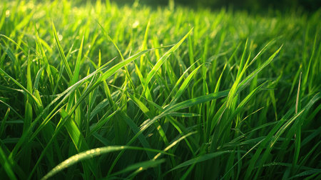 Lush green grass field filling the frame with natural sunlight highlighting individual blades and soft shadowsの素材