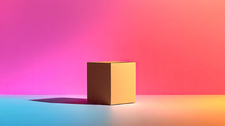 Minimalist composition with a small cardboard box centered on a vibrant pastel background, casting a soft shadowの素材