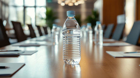 Plastic water bottles and pens aligned at each place setting in a seminar room, under natural light and minimalist decorの素材