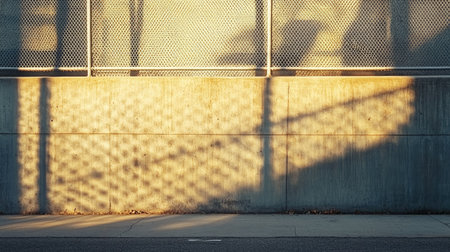 Long, soft shadows of a nearby fence falling across a light gray concrete wall during golden hourの素材