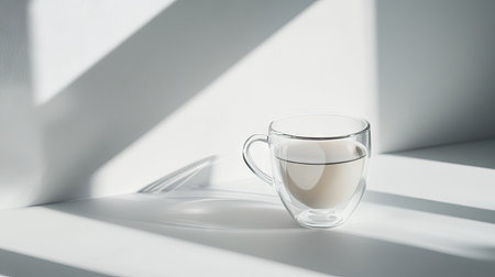 Minimalist studio setup featuring a transparent coffee glass cup on a clean white surface with soft shadowsの素材