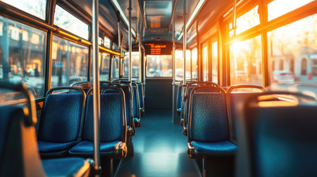 Pristine city bus interior with empty fabric seats, wide aisle, and sunlight streaming through the windowsの素材