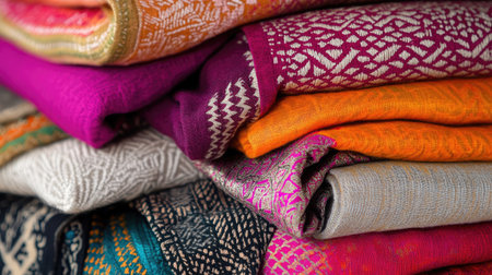 Piled fabrics in bold, contrasting colors with fine geometric embroidery, isolated in natural studio lightingの素材