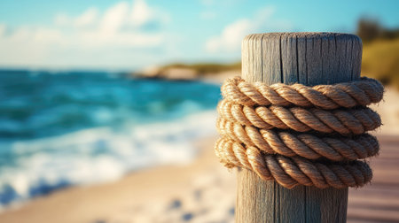 Nautical-style rope wrapped around a wooden post outdoors, with blurred beach or dock backgroundの素材