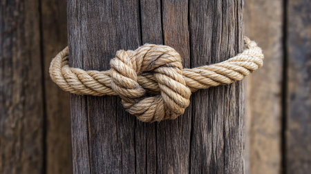 Rustic rope tied in a classic knot around an aged wooden pole, showing fibers and grain in sharp detailの素材