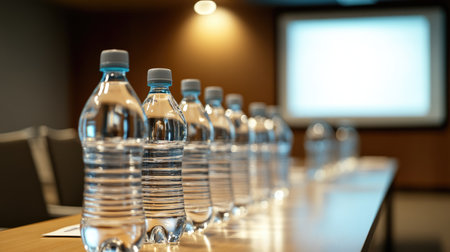 Plastic water bottles lined up on a table in a quiet seminar room before participants arrive, projector screen in backgroundの素材