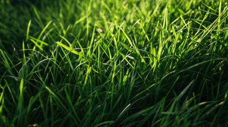 Natural green grass texture with sunlight filtering through, casting subtle shadows and highlights on the bladesの素材