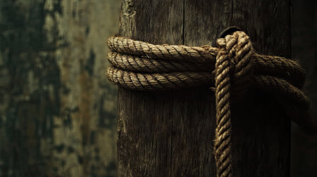 Rope fastened around a vertical wooden stake, captured with natural shadows and earthy tonesの素材