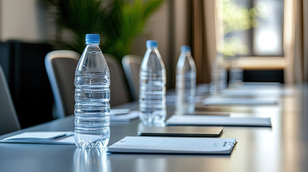Seminar setup detail showing plastic water bottles and notebooks on a table with chairs arranged for group discussionの素材