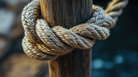 Macro shot of a strong knot in a rope tied to a textured wooden pole, symbolizing strength and connectionの素材