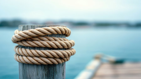 Nautical-style rope wrapped around a wooden post outdoors, with blurred beach or dock backgroundの素材