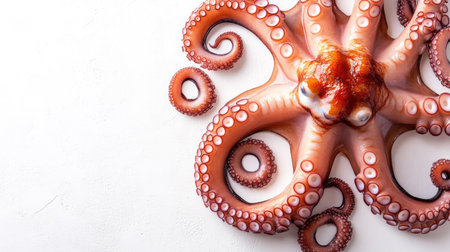 Raw octopus with curled arms and moist texture, centered on white background with clear space for text or labelsの素材