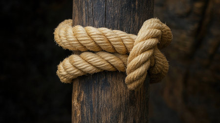 Studio shot of a coarse rope knotted tightly to a smooth wooden pole, highlighting contrast between materialsの素材
