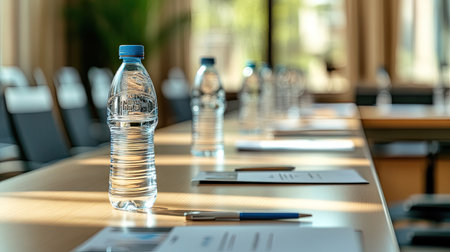 Plastic water bottles and pens aligned at each place setting in a seminar room, under natural light and minimalist decorの素材