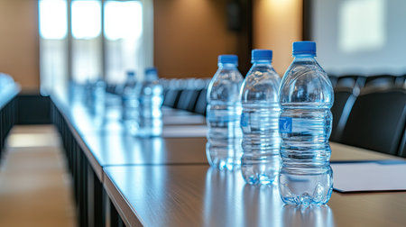 Neatly placed plastic water bottles on a long desk in a seminar hall, chairs in the background, ready for attendeesの素材