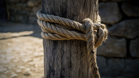 Rope fastened around a vertical wooden stake, captured with natural shadows and earthy tonesの素材