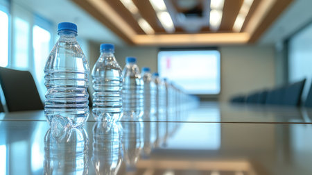 Rows of clear plastic water bottles neatly arranged on a conference table, ready for seminar attendees in a bright, modern meeting roomの素材