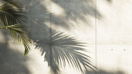 Minimalist composition with a shadow of a palm frond dancing on the surface of a sunlit concrete wallの素材
