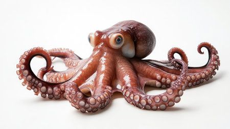 Studio shot of a raw octopus with spread-out tentacles on white, ideal for seafood, culinary, or packaging conceptsの素材