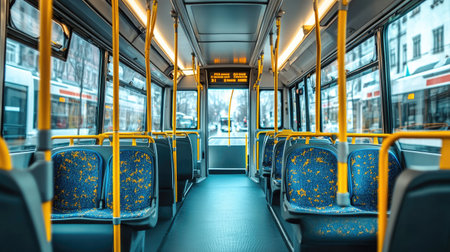 Wide-angle shot of a new bus with spotless empty seats and large windows letting in natural lightの素材