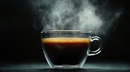 Studio shot of a clear glass cup filled with hot coffee, steam rising against a dark background for a moody, elegant lookの素材