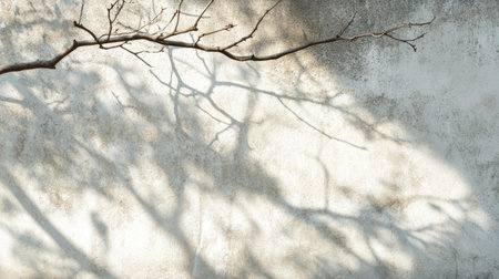 Soft sunlight casting dramatic shadows of tree branches on an outdoor concrete wall, creating a natural abstract patternの素材