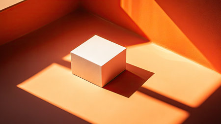 Small square box placed at an angle on an orange background, with dramatic lighting and shadow playの素材