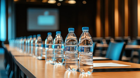 Neatly placed plastic water bottles on a long desk in a seminar hall, chairs in the background, ready for attendeesの素材