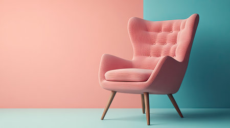 Stylish armchair with thick padding and wooden legs isolated on a pastel-colored background, highlighting comfort and styleの素材