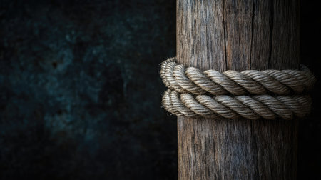 Tightly bound rope encircling a polished wooden pole, with dramatic lighting for a minimalist compositionの素材