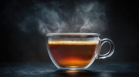 Studio shot of a clear glass cup filled with hot coffee, steam rising against a dark background for a moody, elegant lookの素材