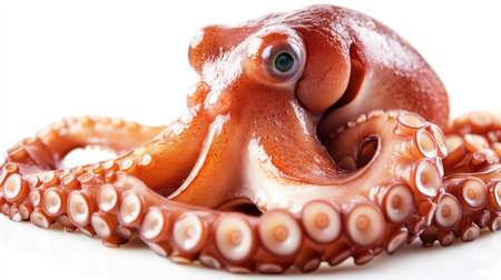 Raw seafood concept with a full octopus isolated on white, displaying glistening skin and vibrant natural featuresの素材