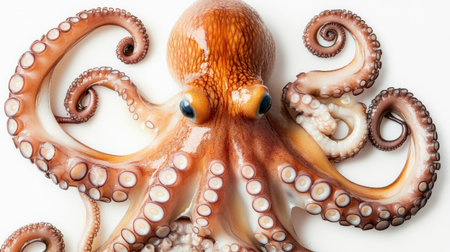 Top view of raw octopus isolated on a plain white background, focusing on natural form and slimy surface detailsの素材