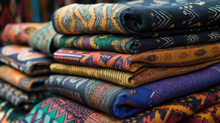 Pile of vibrant fabrics with detailed geometric motifs stacked on top of each other, capturing cultural craftsmanshipの素材