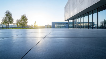 Wide shot of a clean, empty concrete floor stretching in front of a modern commercial building under clear daylightの素材
