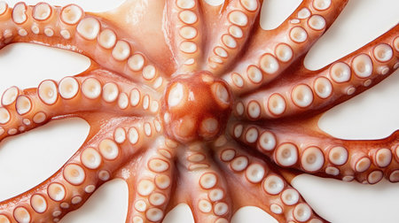 Tentacles of a raw octopus arranged in a radial pattern on white, emphasizing freshness and marine detailの素材