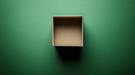 Top-down view of a tiny box centered on a green background, surrounded by clean space for copy or graphic overlayの素材