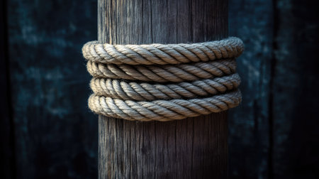 Tightly bound rope encircling a polished wooden pole, with dramatic lighting for a minimalist compositionの素材